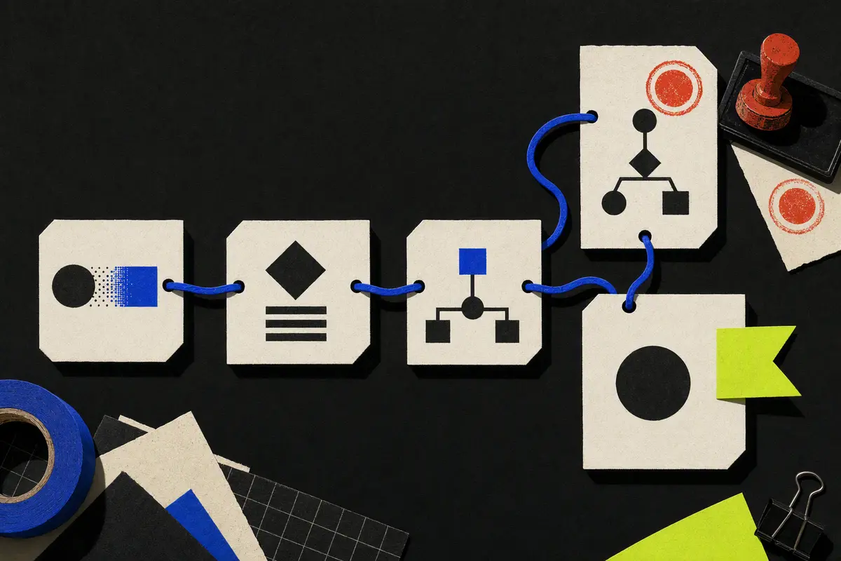 Paper tool-event cards connected by a blue dependency cord, with a red retry mark and green pass tab.